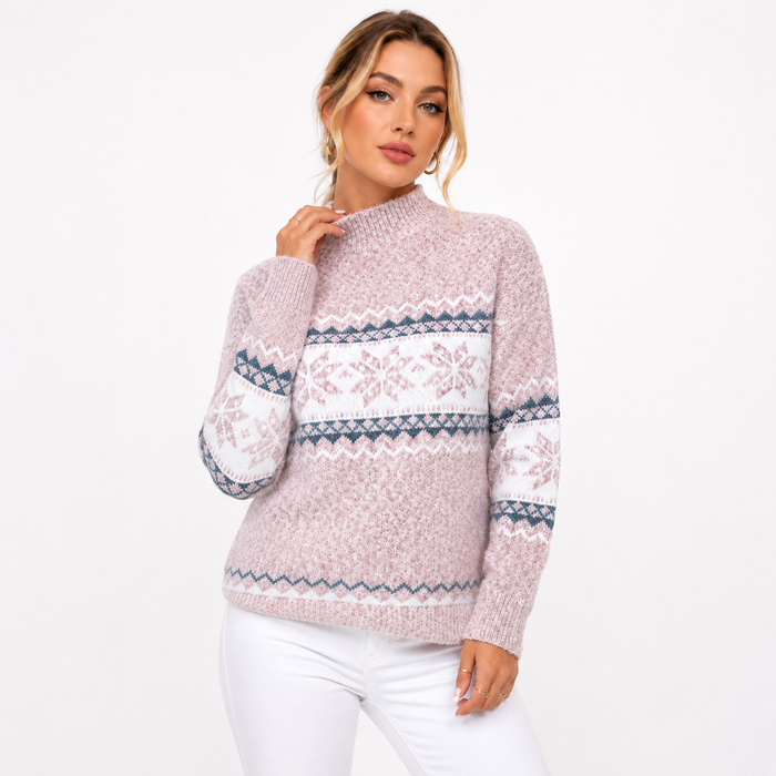 Women’s snowflake half turtleneck sweater styled on model