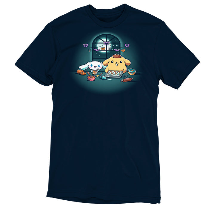 Premium Cotton T-shirt_TeeTurtle navy blue Cinnamoroll and Pompompurin's Halloween Baking apparel featuring Cinnamoroll and Pompompurin baking ghost cookies with pumpkins and Halloween hanging decoration in the back on top of the window that looks out to the full moon and stars.