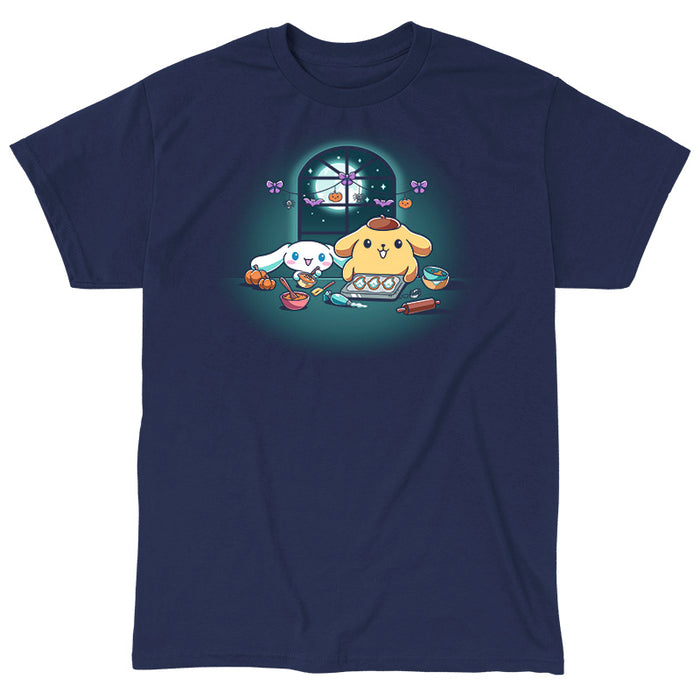 Classic Cotton T-shirt_TeeTurtle navy blue Cinnamoroll and Pompompurin's Halloween Baking apparel featuring Cinnamoroll and Pompompurin baking ghost cookies with pumpkins and Halloween hanging decoration in the back on top of the window that looks out to the full moon and stars.