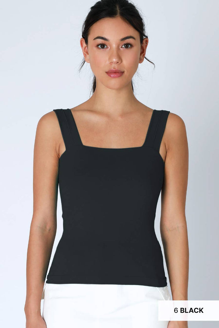 Black square neck tank top with wide straps and a clean fitted silhouette.