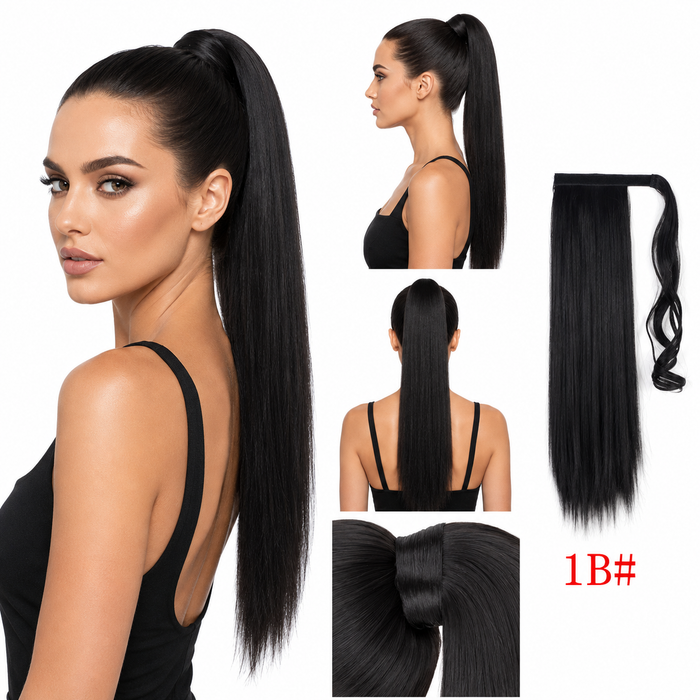 Clip in ponytail hair extensions with long straight synthetic fiber, wrap around base, and smooth polished salon style finish