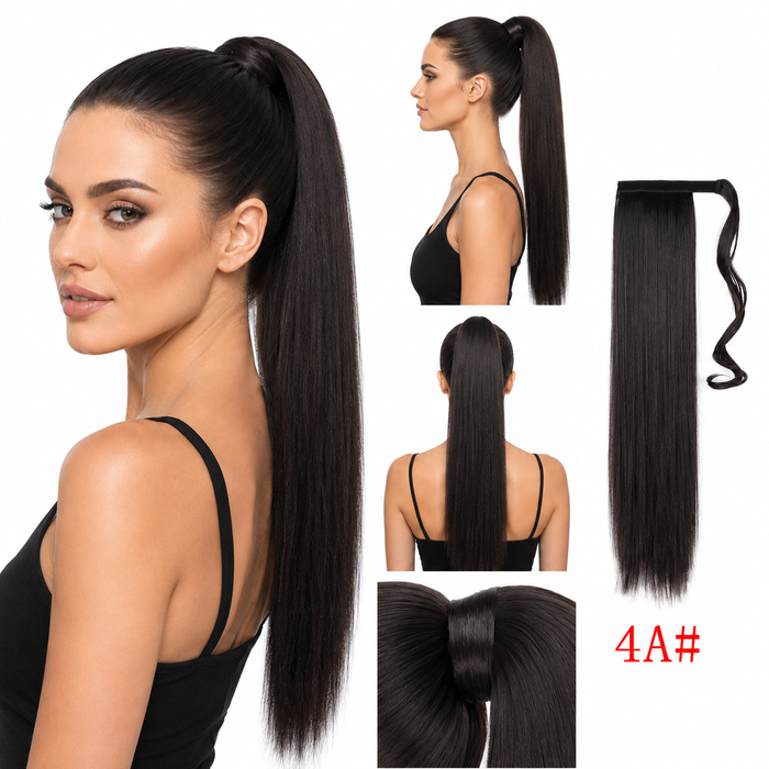 Straight synthetic ponytail extension with secure clip in design, 24 inch length, and natural movement for daily styling look