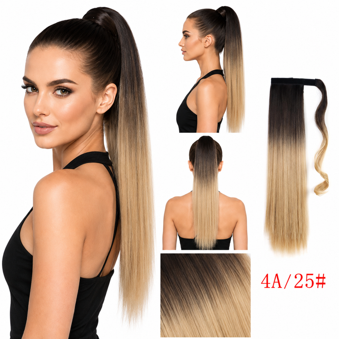 Heat resistant synthetic ponytail hair piece made from high temperature wire for smooth straight texture and easy wear today.
