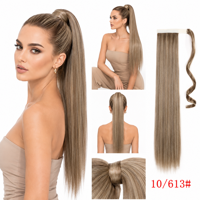 Long straight ponytail extension showing clip in placement, smooth fiber flow, and wrap around detail for a clean finish now.