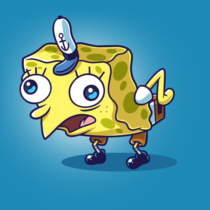 Premium Cotton T-shirt_TeeTurtle cobalt blue Cock-a-doodle-doo apparel featuring SpongeBob SquarePants in the sarcastic, mocking SpongeBob meme pose wherein he is posed like a chicken.
