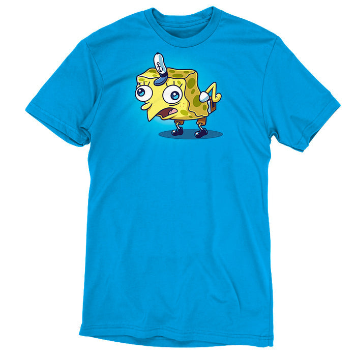 Premium Cotton T-shirt_TeeTurtle cobalt blue Cock-a-doodle-doo apparel featuring SpongeBob SquarePants in the sarcastic, mocking SpongeBob meme pose wherein he is posed like a chicken.