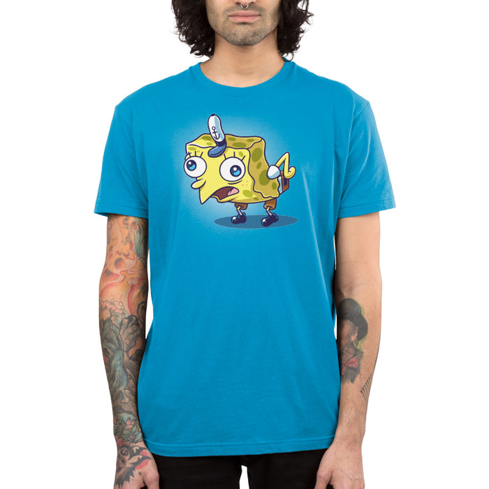 Premium Cotton T-shirt_TeeTurtle cobalt blue Cock-a-doodle-doo apparel featuring SpongeBob SquarePants in the sarcastic, mocking SpongeBob meme pose wherein he is posed like a chicken.