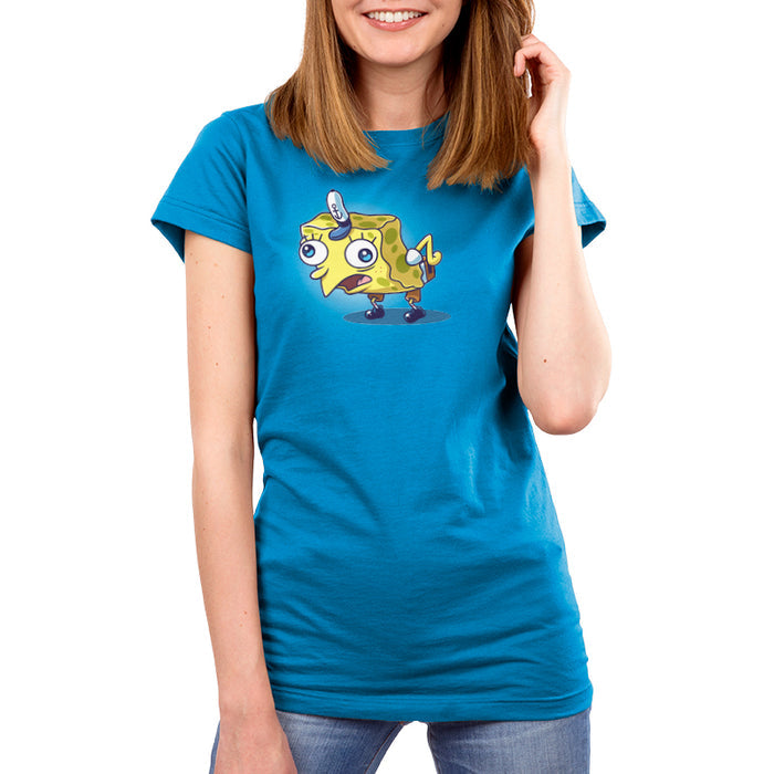 Premium Cotton T-shirt_TeeTurtle cobalt blue Cock-a-doodle-doo apparel featuring SpongeBob SquarePants in the sarcastic, mocking SpongeBob meme pose wherein he is posed like a chicken.