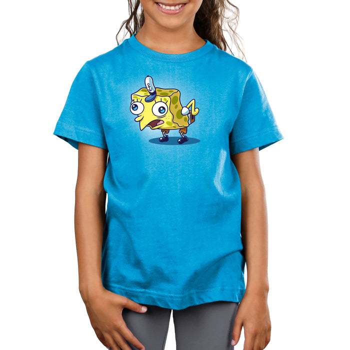 Premium Cotton T-shirt_TeeTurtle cobalt blue Cock-a-doodle-doo apparel featuring SpongeBob SquarePants in the sarcastic, mocking SpongeBob meme pose wherein he is posed like a chicken.
