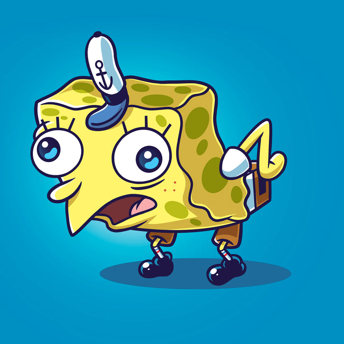 Classic Cotton T-shirt_TeeTurtle sapphire blue Cock-a-doodle-doo apparel featuring SpongeBob SquarePants in the sarcastic, mocking SpongeBob meme pose wherein he is posed like a chicken.