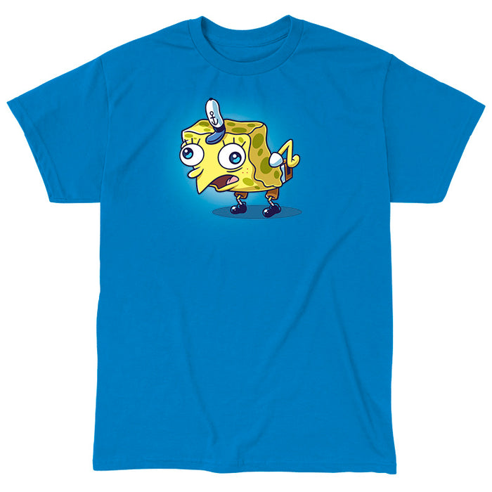 Classic Cotton T-shirt_TeeTurtle sapphire blue Cock-a-doodle-doo apparel featuring SpongeBob SquarePants in the sarcastic, mocking SpongeBob meme pose wherein he is posed like a chicken.
