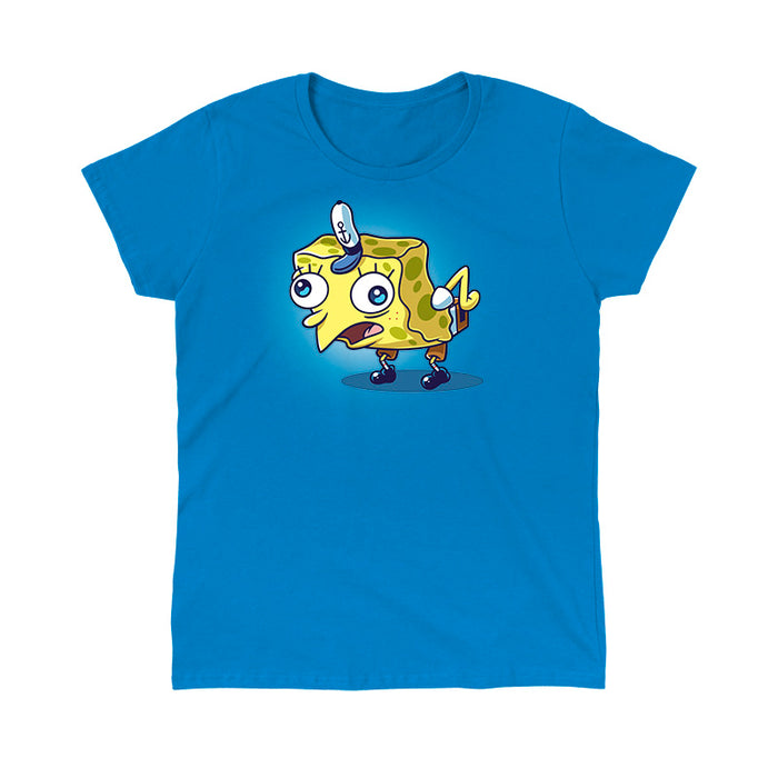 Classic Cotton T-shirt_TeeTurtle sapphire blue Cock-a-doodle-doo apparel featuring SpongeBob SquarePants in the sarcastic, mocking SpongeBob meme pose wherein he is posed like a chicken.