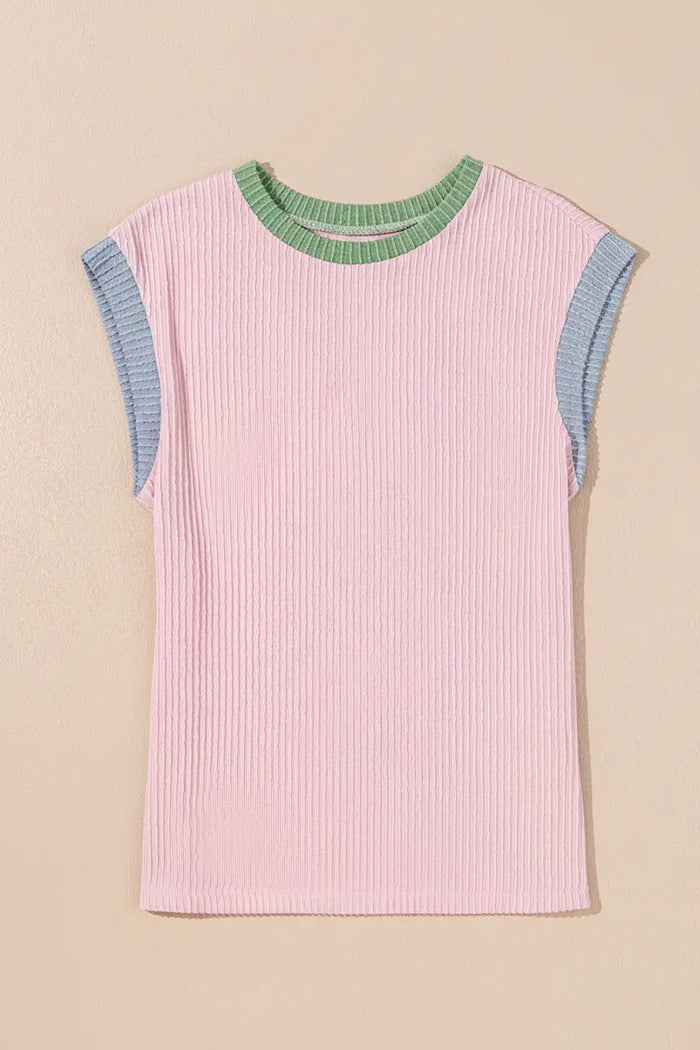 Pink Colour Block Ribbed Knit Crew Neck Tee - Tops/Tops & Tees
