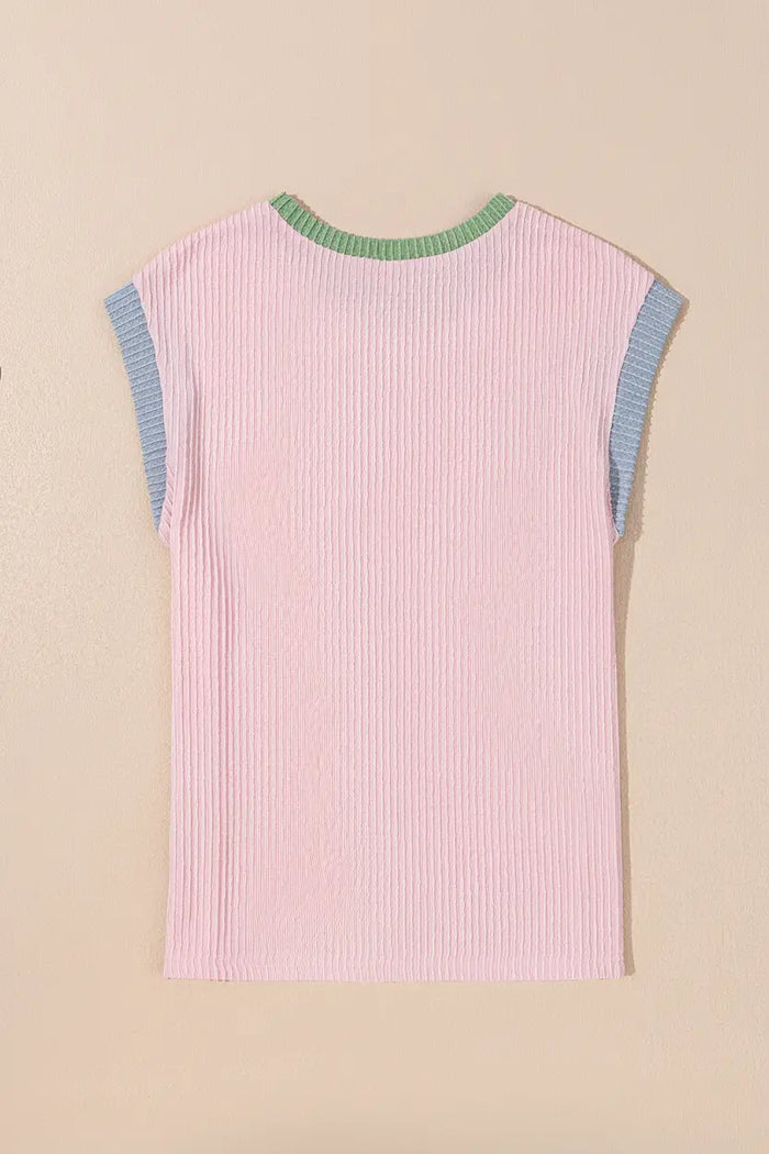 Pink Colour Block Ribbed Knit Crew Neck Tee - Tops/Tops & Tees