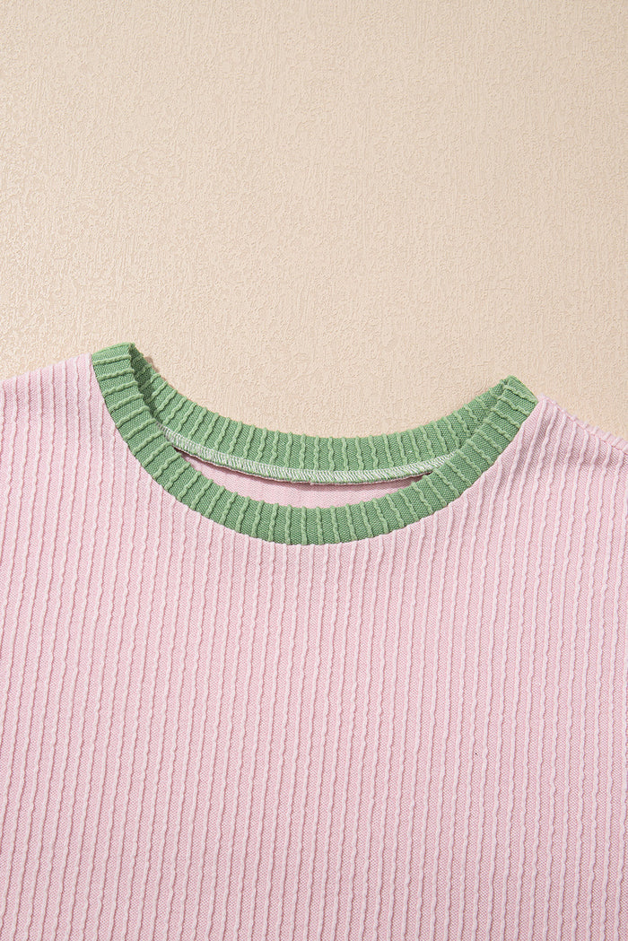 Pink Colour Block Ribbed Knit Crew Neck Tee - Tops/Tops & Tees