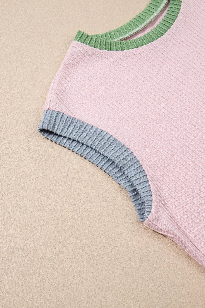 Pink Colour Block Ribbed Knit Crew Neck Tee - Tops/Tops & Tees