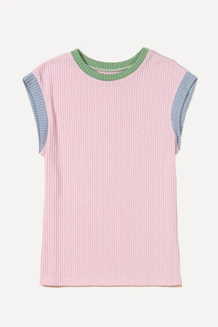 Colour Block Ribbed Knit Crew Neck Tee