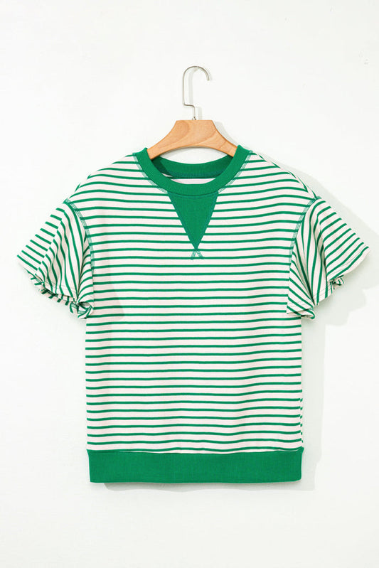 Contrast Detail Striped Ruffle Short Sleeve Top - Bright Green / S / 70% Polyester + 30% Cotton - Tops/Tops & Tees