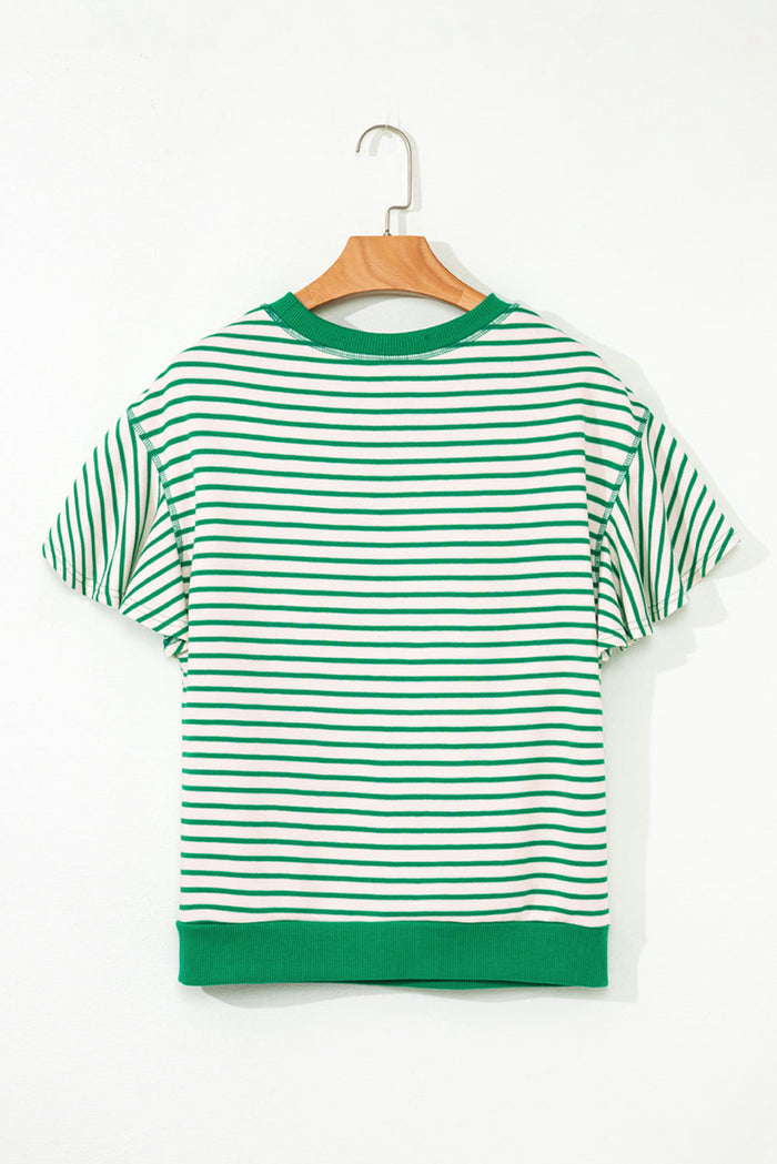 Contrast Detail Striped Ruffle Short Sleeve Top - Tops/Tops & Tees