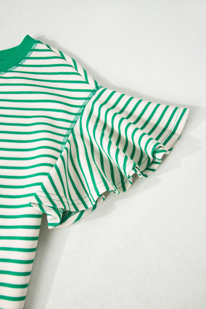 Contrast Detail Striped Ruffle Short Sleeve Top - Tops/Tops & Tees