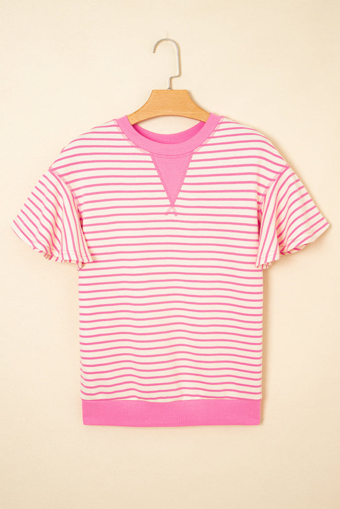 Contrast Detail Striped Ruffle Short Sleeve Top - Sachet Pink / S / 70% Polyester + 30% Cotton - Tops/Tops & Tees