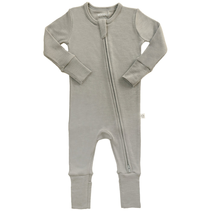 Dove color footless baby romper with a zipper on a white background