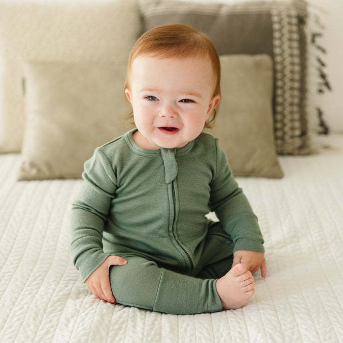 Convertible Baby Romper, Footless Pajamas, Merino Wool, Sage