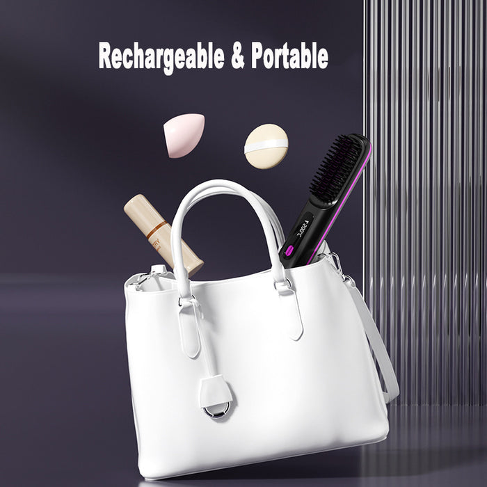 Cordless hair straightener brush used for quick office touch-up