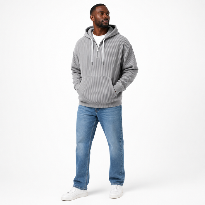 Men's gray corduroy hoodie three-quarter product view