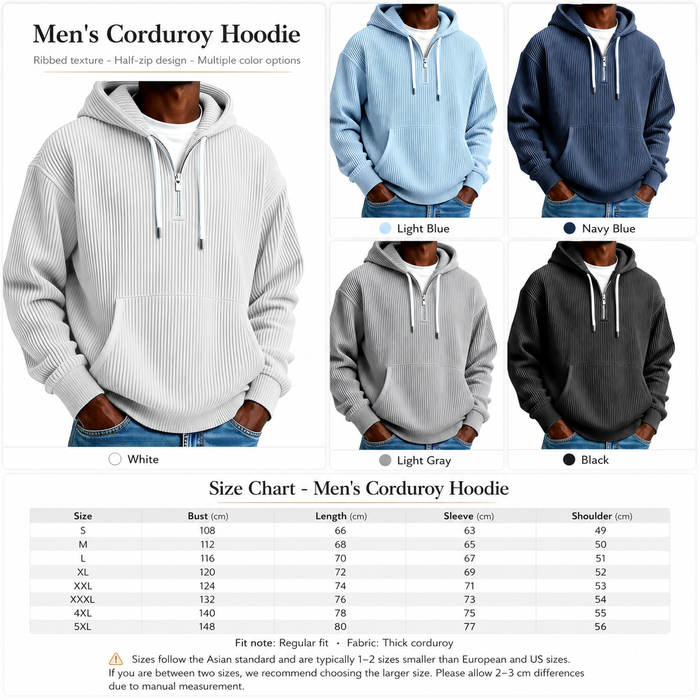 A product information graphic for a men's corduroy hoodie. The top shows a model wearing a light gray ribbed-texture hoodie, with six color options displayed in a grid above a size chart: white, light blue, navy blue, light gray, black, and another dark gray.