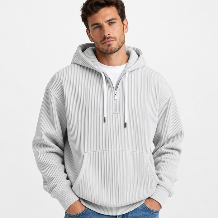 Light gray men's corduroy hoodie ribbed texture and zipper detail