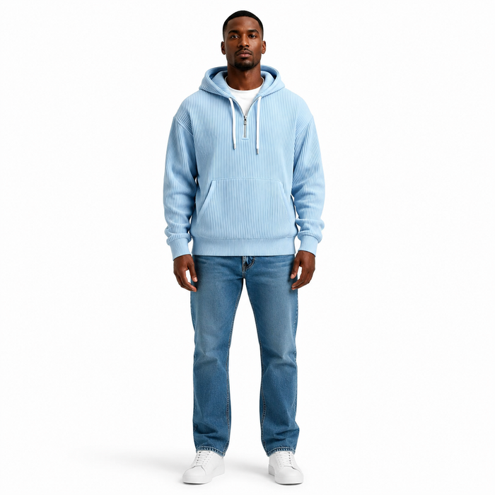Men's sky blue corduroy hoodie full front product view