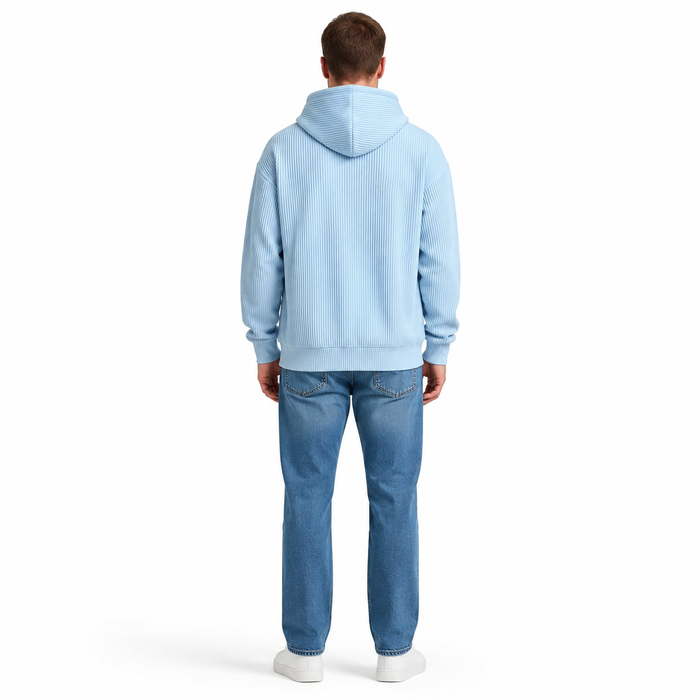 Men's sky blue corduroy hoodie full back view