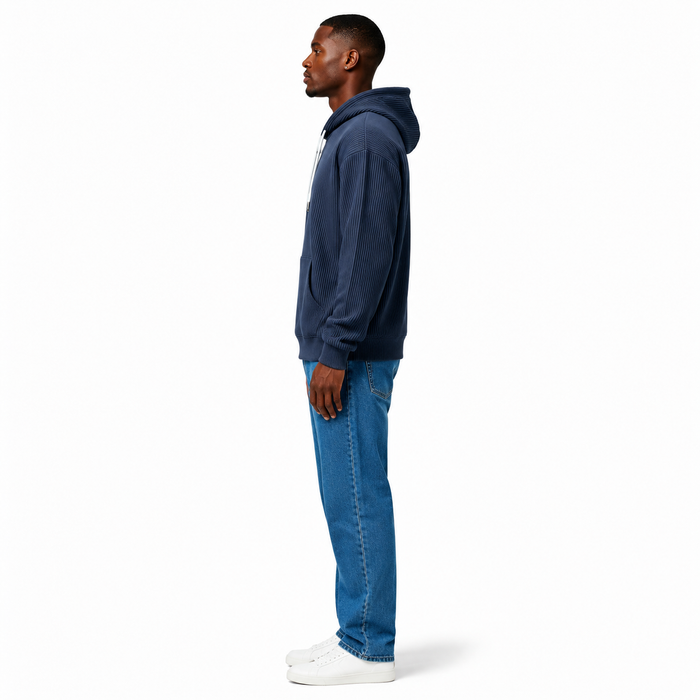 Men's navy blue corduroy hoodie side profile and relaxed fit