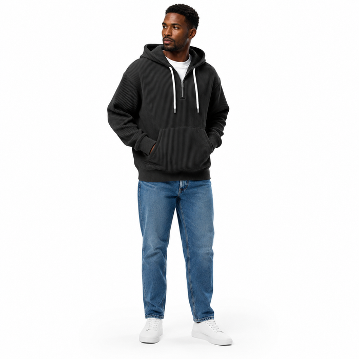 Men's black corduroy hoodie with roomy kangaroo pocket