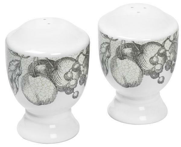 Corelle ANTIQUE LINEN Salt & Pepper Shaker Set GREY FRUIT Botanical Sketch *NEW