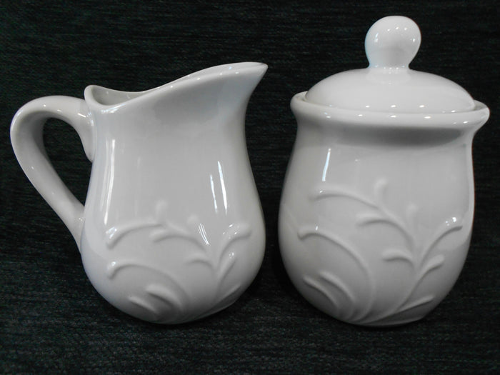 Corelle Boutique CHERISH Porcelain CREAM & SUGAR BOWL SET White Embossed Florals