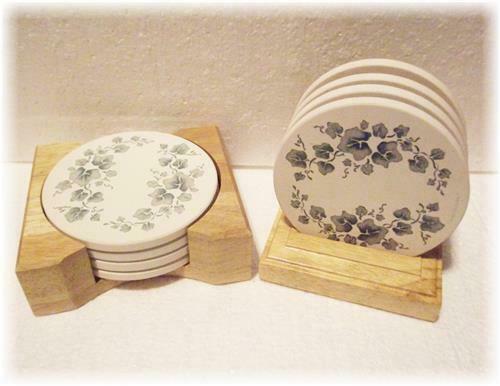 Corelle Coordinates STONEWARE Drink COASTER Set +WOOD CADDY Holder Beverage *NEW