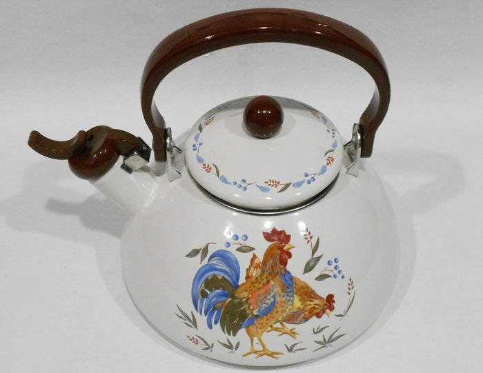 🐓 Corelle COUNTRY MORNING Rooster 2.2 Qt. WHISTLING TEA KETTLE Porcelain on Steel