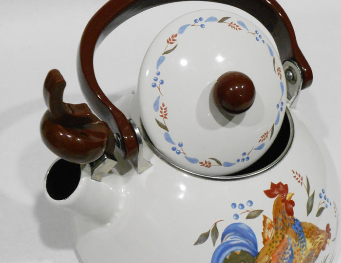 🐓 Corelle COUNTRY MORNING Rooster 2.2 Qt. WHISTLING TEA KETTLE Porcelain on Steel