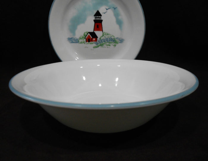 ❤️ Corelle OUTER BANKS 18-oz SOUP BOWL 7.25" Powder Blue Rim / Lighthouse Nautical