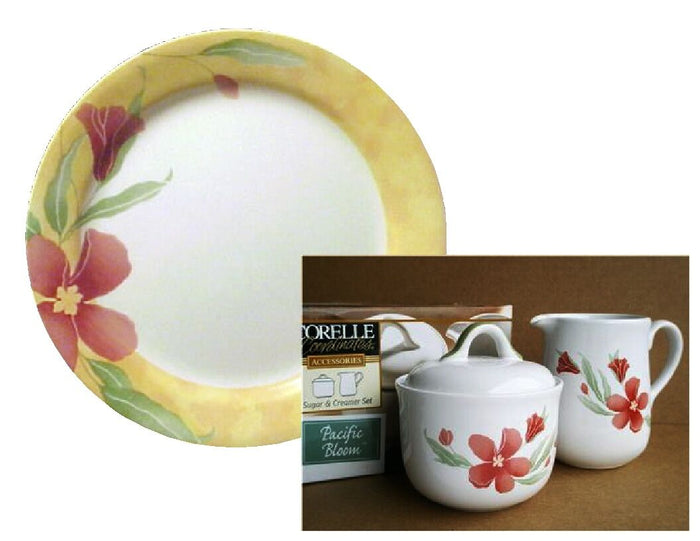 Corelle PACIFIC BLOOM Stoneware CREAM & SUGAR Set GARDEN PARADISE Red Floral NEW
