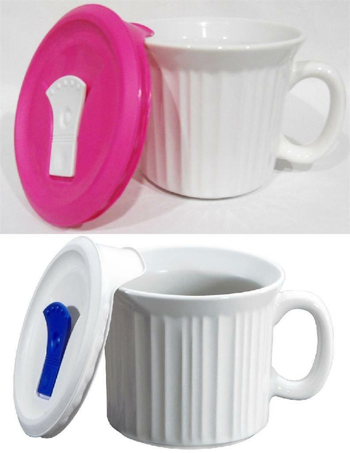 ❤️ CORNINGWARE 20-oz Soup MEAL MUG w/VENT LID Stoneware Microwave WHITE PINK