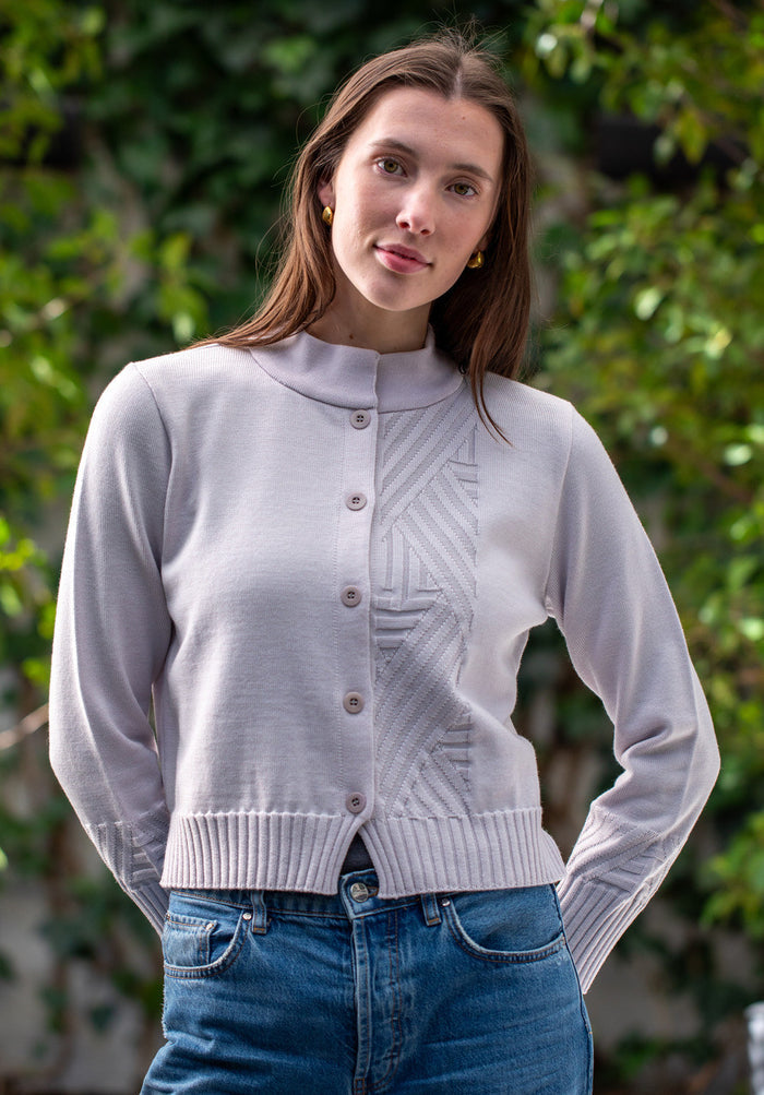 Woman wearing Country Laine - Diagonal Cardi (CL0126-IND2026) in the colour Cement.
