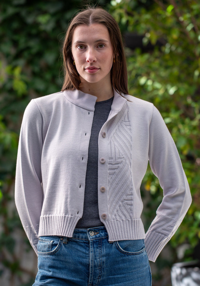 Woman wearing Country Laine - Diagonal Cardi (CL0126-IND2026) in the colour Cement.