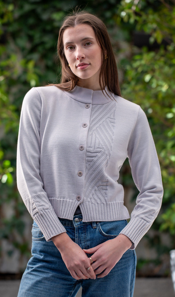 Woman wearing Country Laine - Diagonal Cardi (CL0126-IND2026) in the colour Cement.