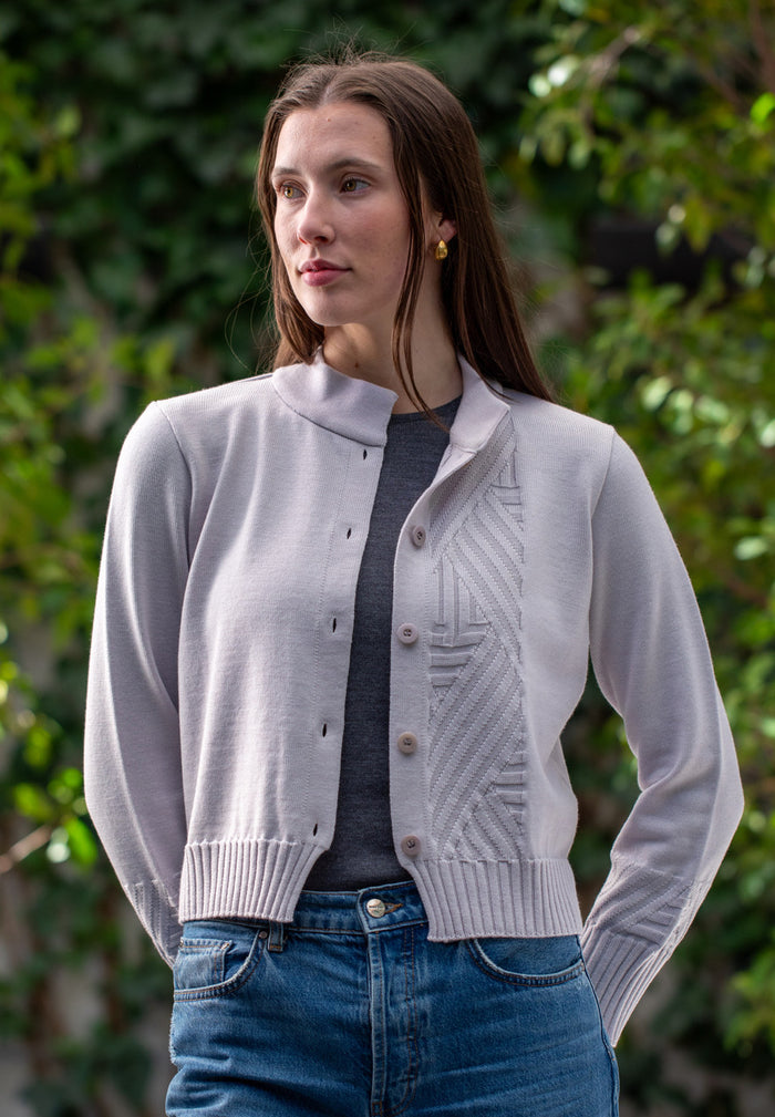 Woman wearing Country Laine - Diagonal Cardi (CL0126-IND2026) in the colour Cement.