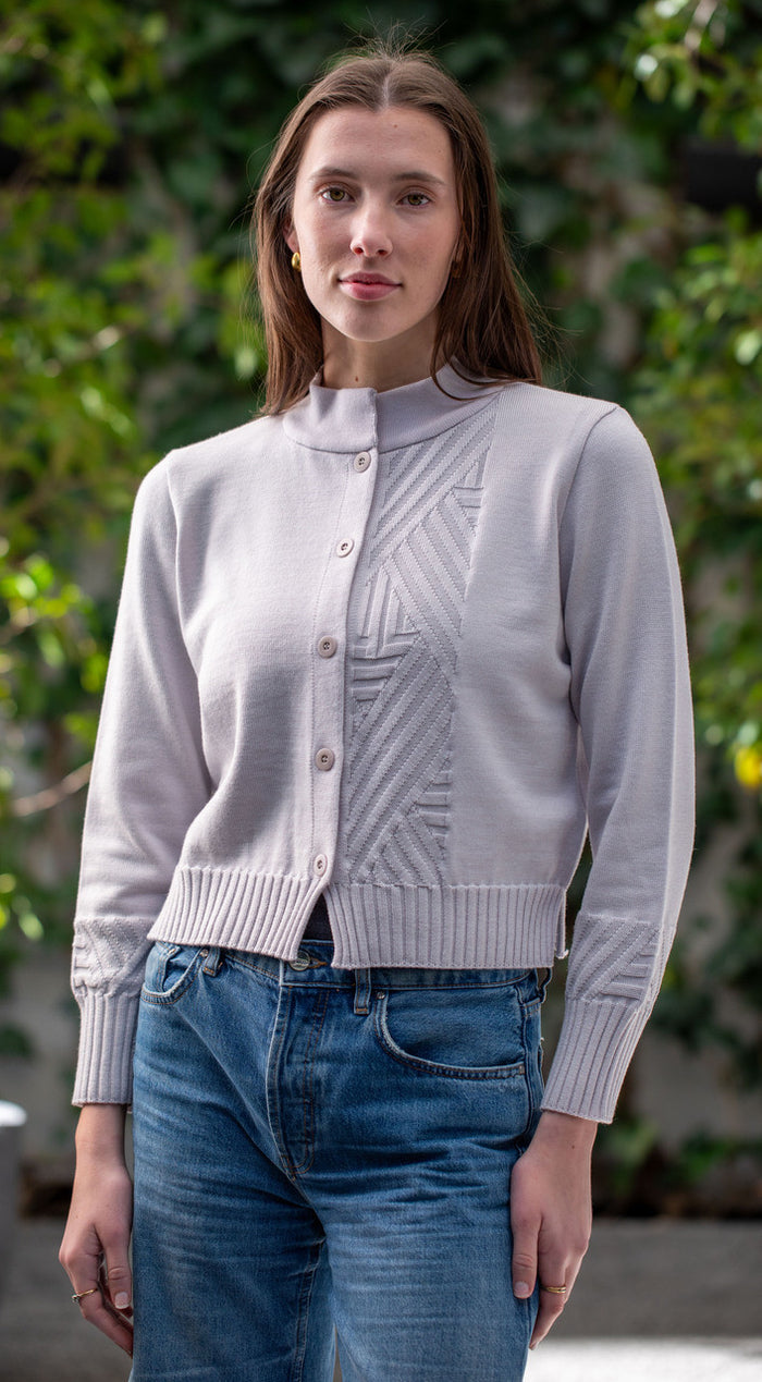 Woman wearing Country Laine - Diagonal Cardi (CL0126-IND2026) in the colour Cement.
