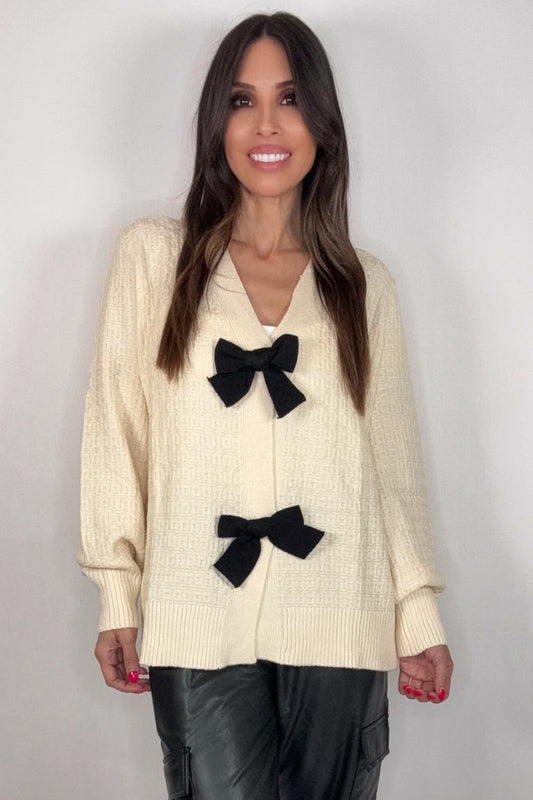 Style the Cream and Black Bow Cardigan exclusively at Born To Glam