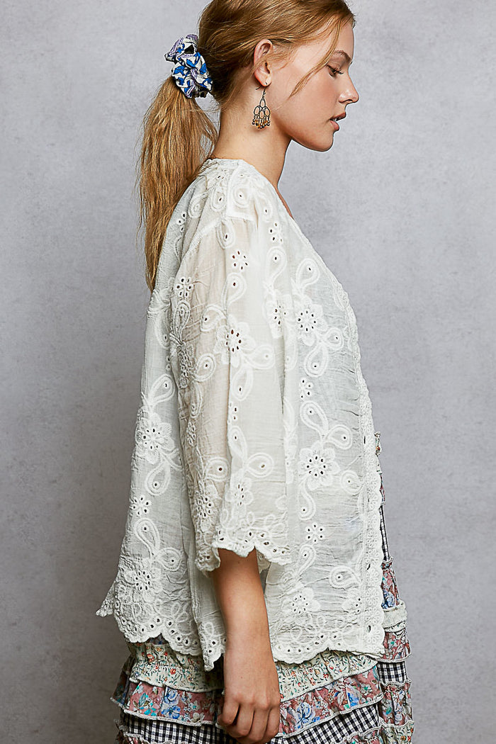 CROCHET BUTTON DOWN, OFF WHITE